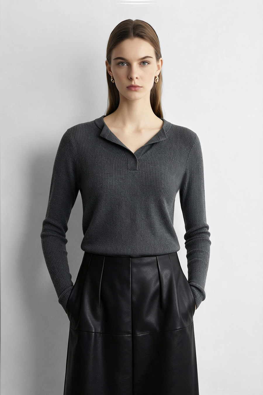 Crew Neck Half Placket Sweater | AMII