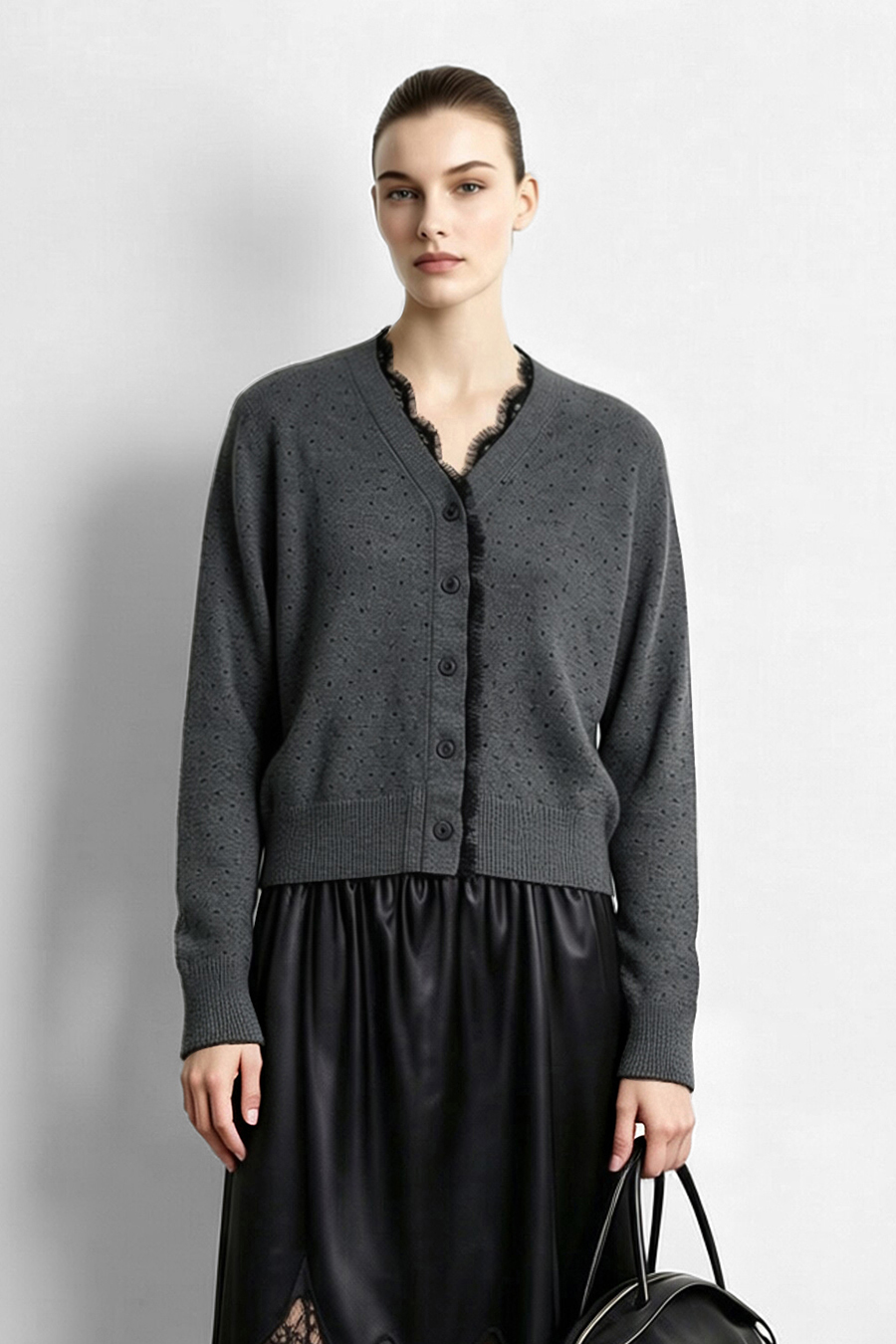 Lace-Paneled Rhinestone Cardigan|AMII