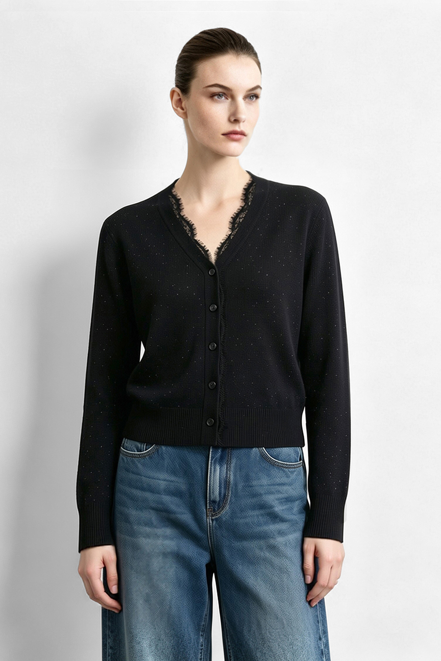Lace-Paneled Rhinestone Cardigan|AMII