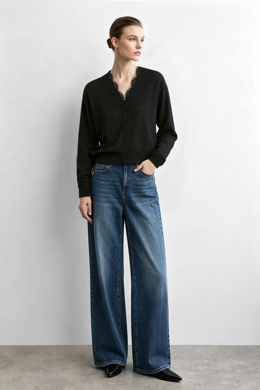 Lace-Paneled Rhinestone Cardigan|AMII