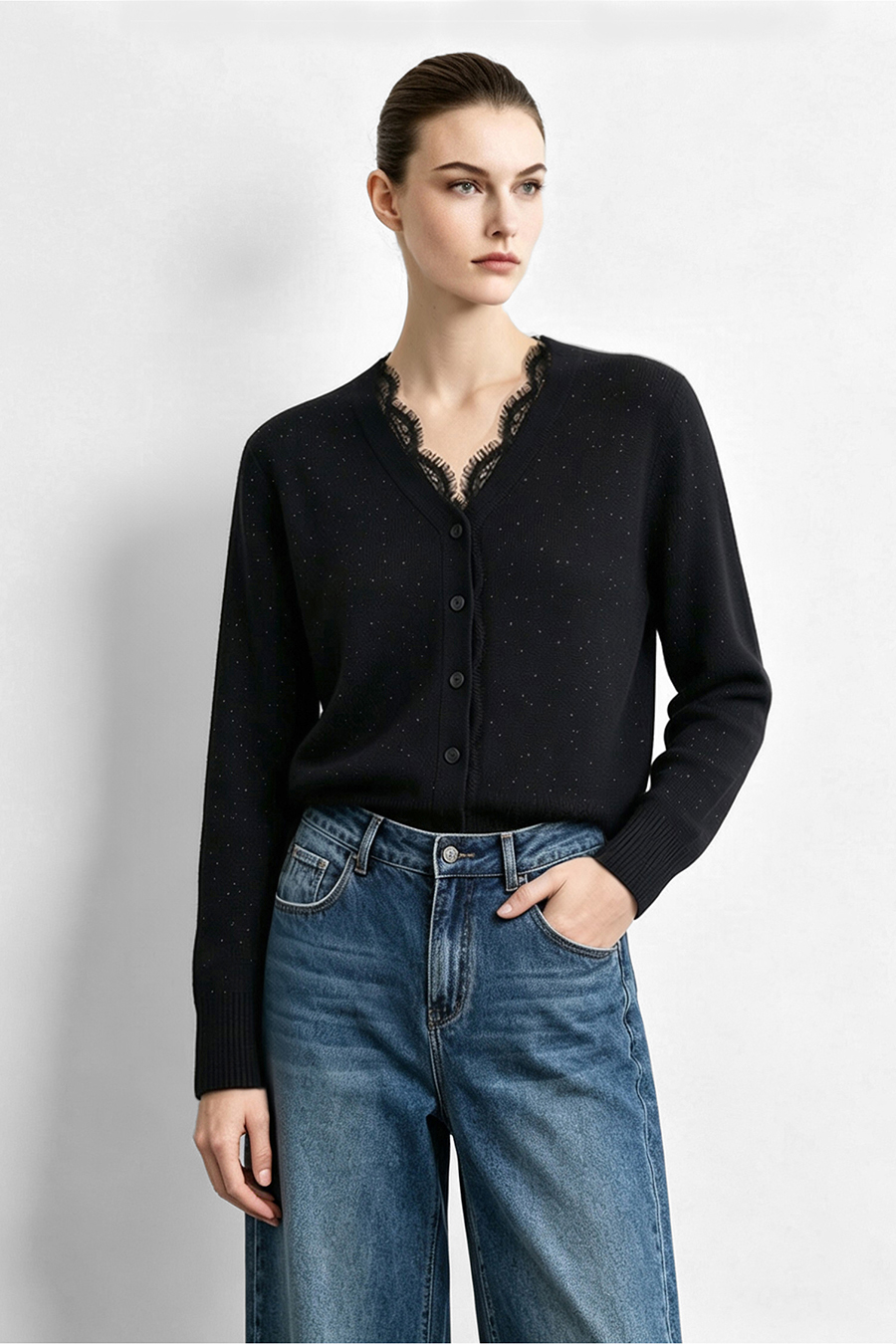 Lace-Paneled Rhinestone Cardigan|AMII