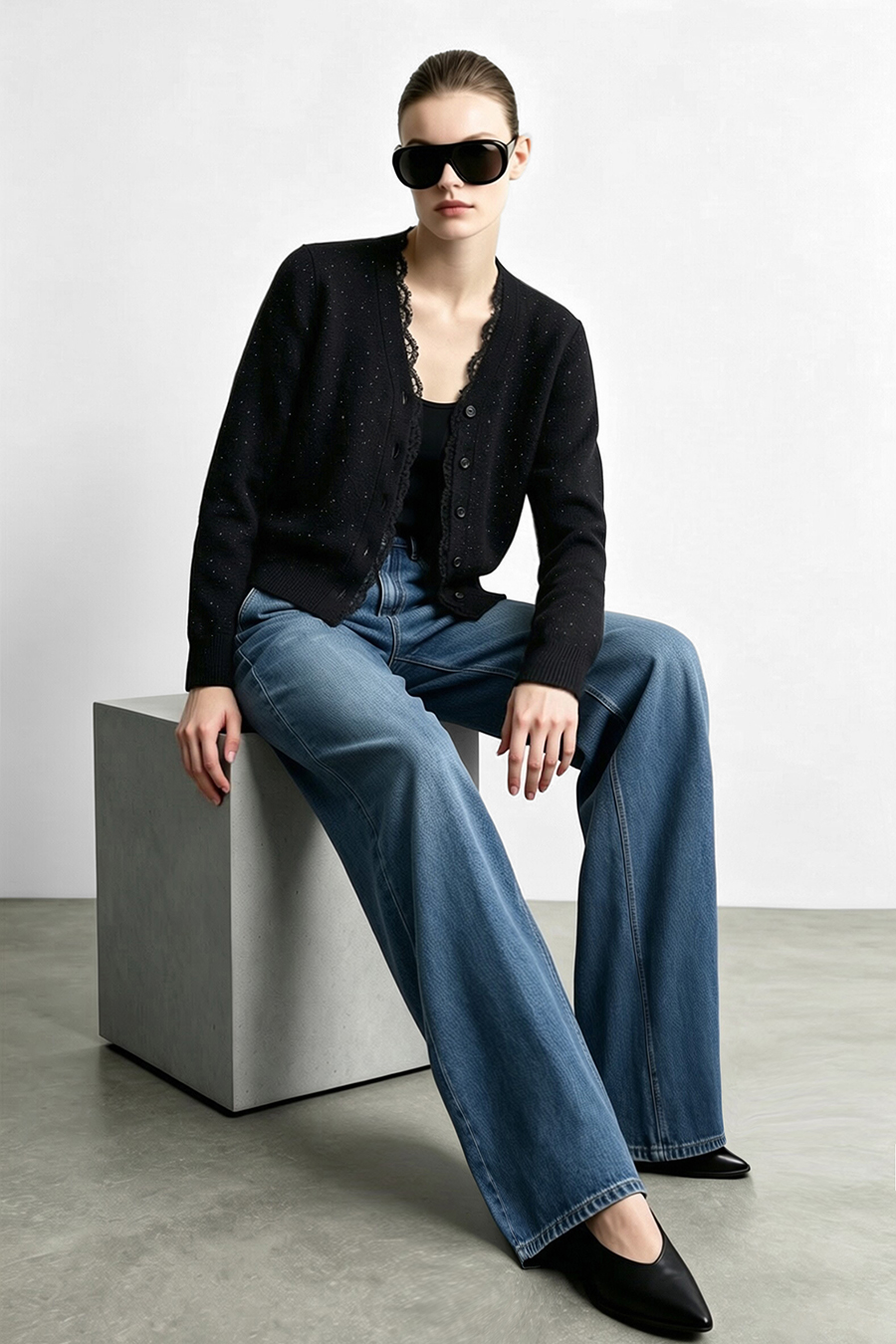 Lace-Paneled Rhinestone Cardigan|AMII