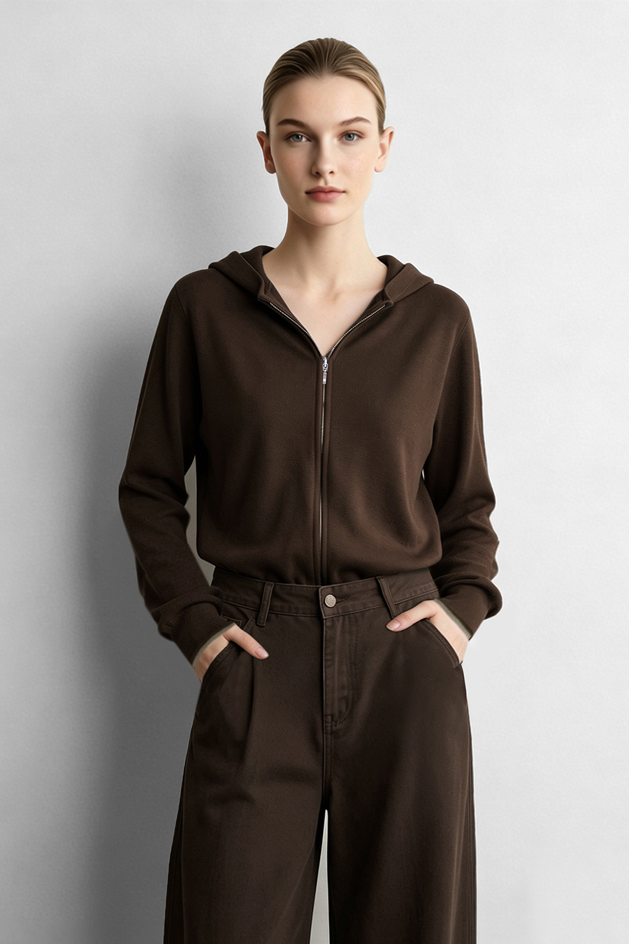 Hooded Zip-Up Knit Cardigan|AMII