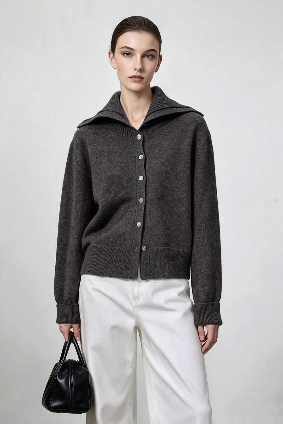 Navy Knit Cardigan with Lapel Collar|AMII