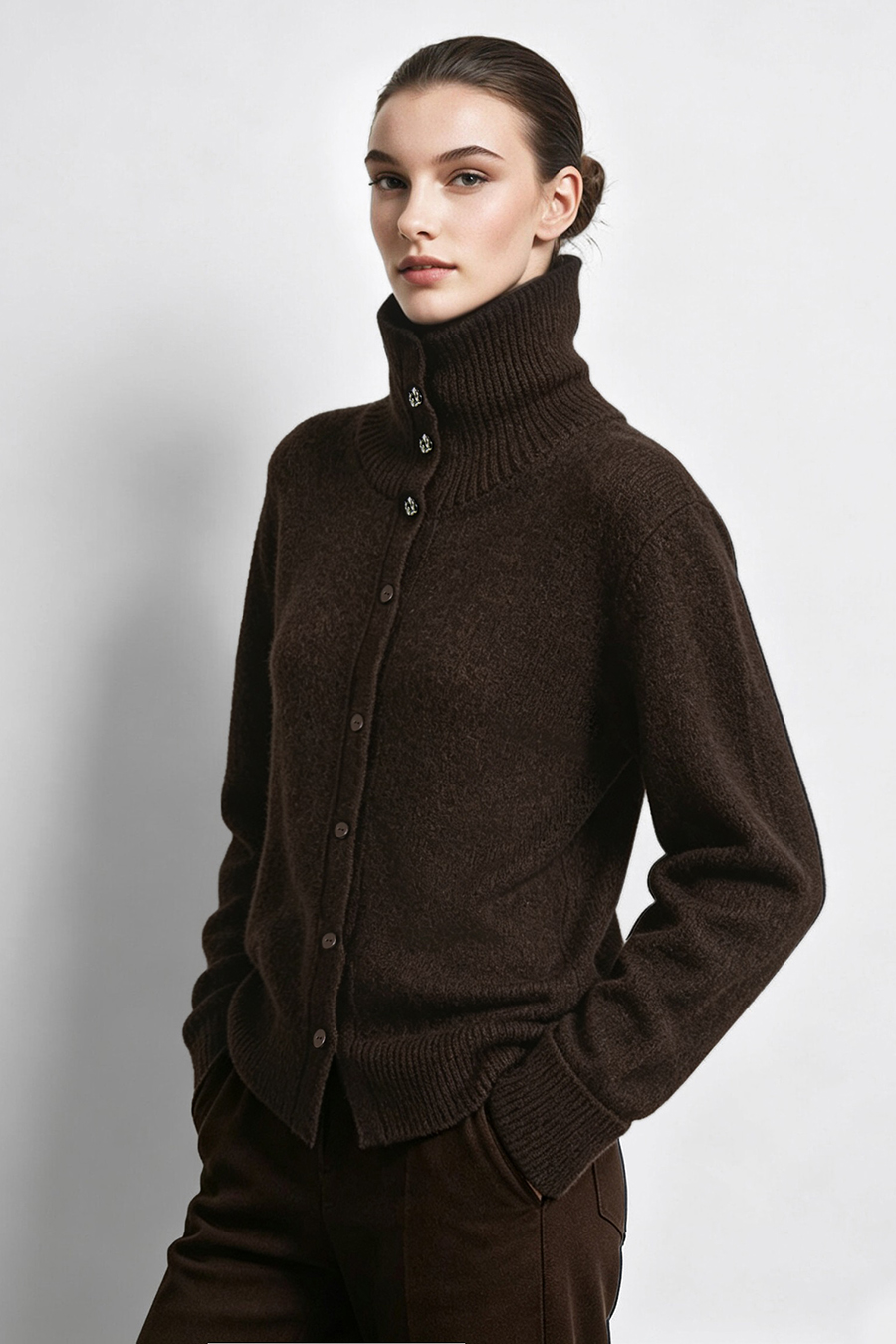 Navy Knit Cardigan with Lapel Collar|AMII