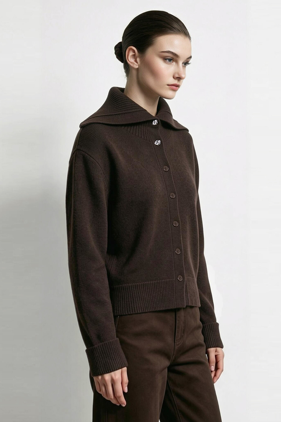 Navy Knit Cardigan with Lapel Collar|AMII