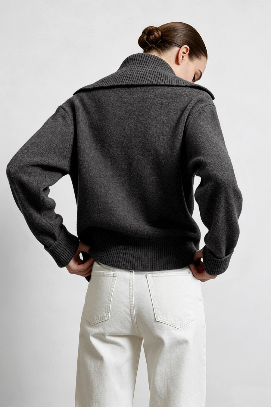 Navy Knit Cardigan with Lapel Collar|AMII