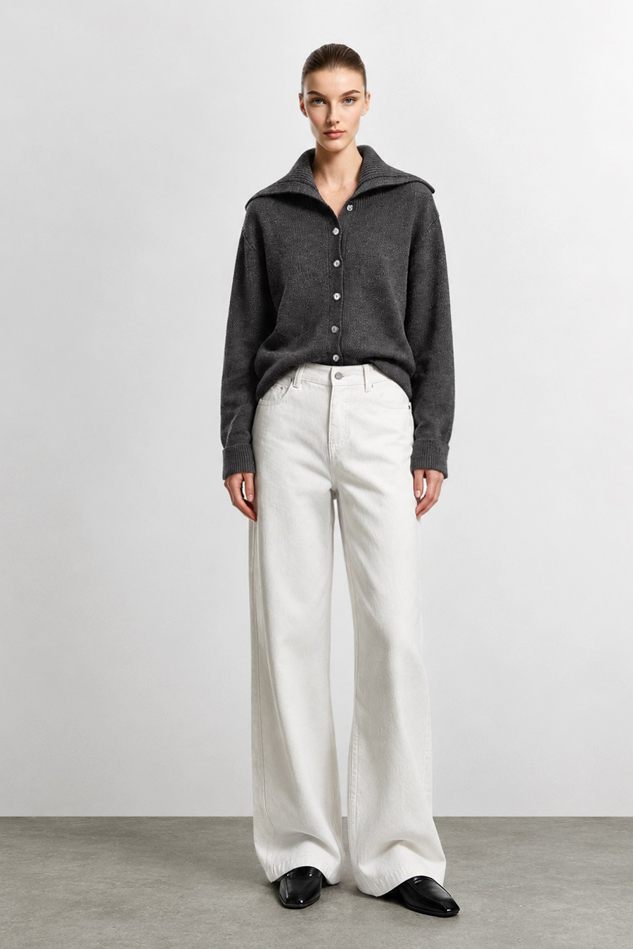Navy Knit Cardigan with Lapel Collar|AMII