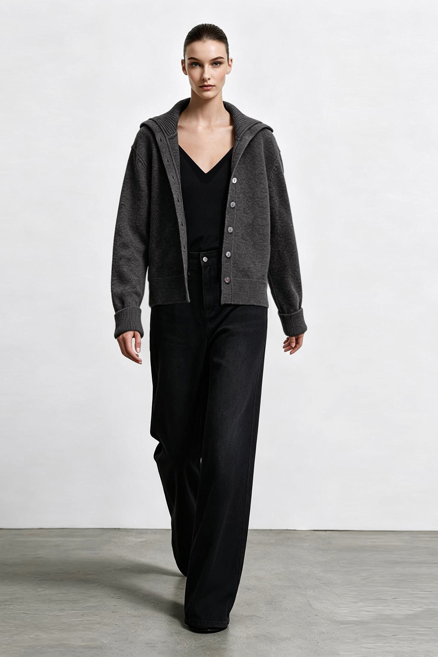 Navy Knit Cardigan with Lapel Collar|AMII