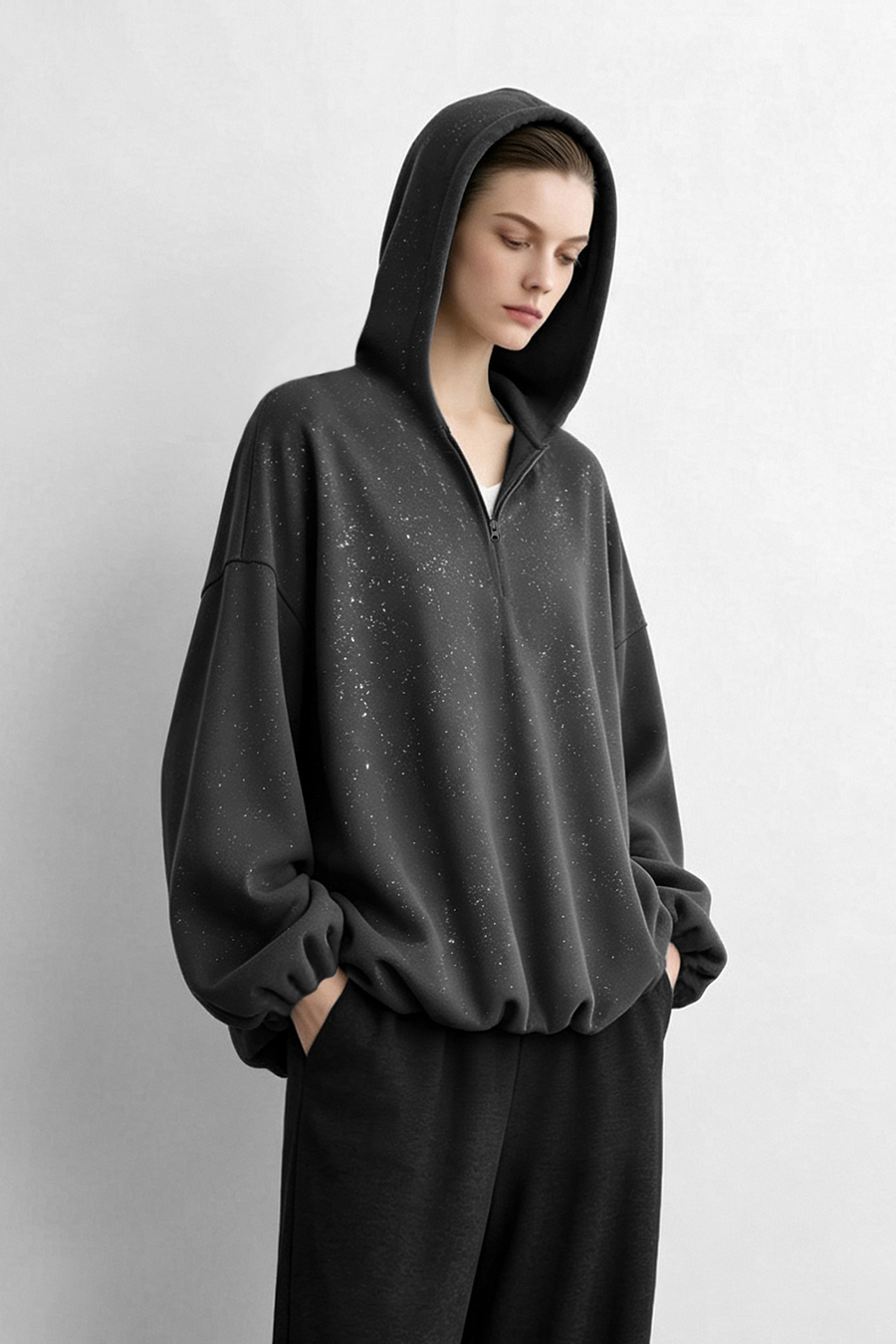 Silver‑Flecked Half‑Zip Hoodie|AMII