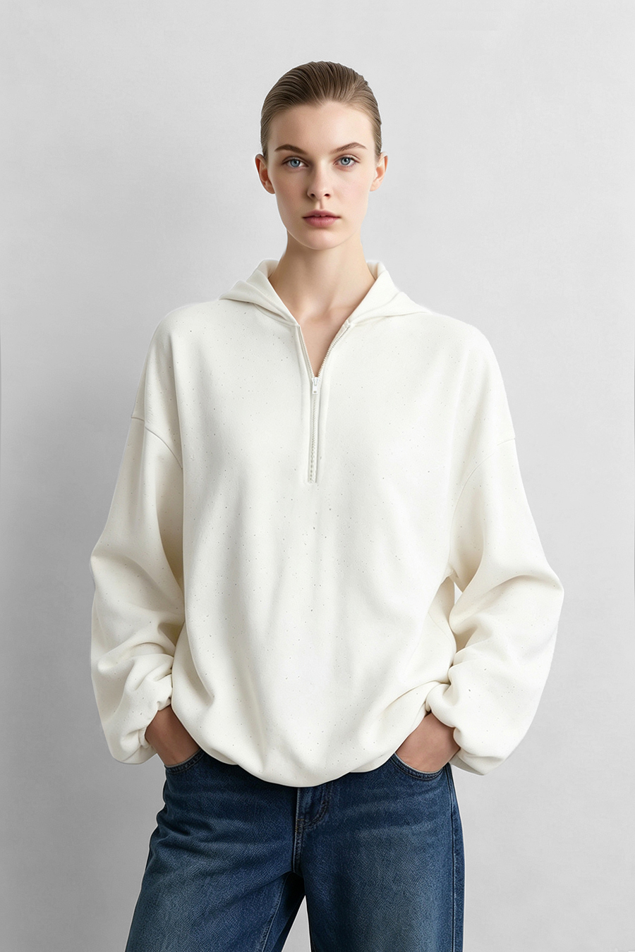 Silver‑Flecked Half‑Zip Hoodie|AMII
