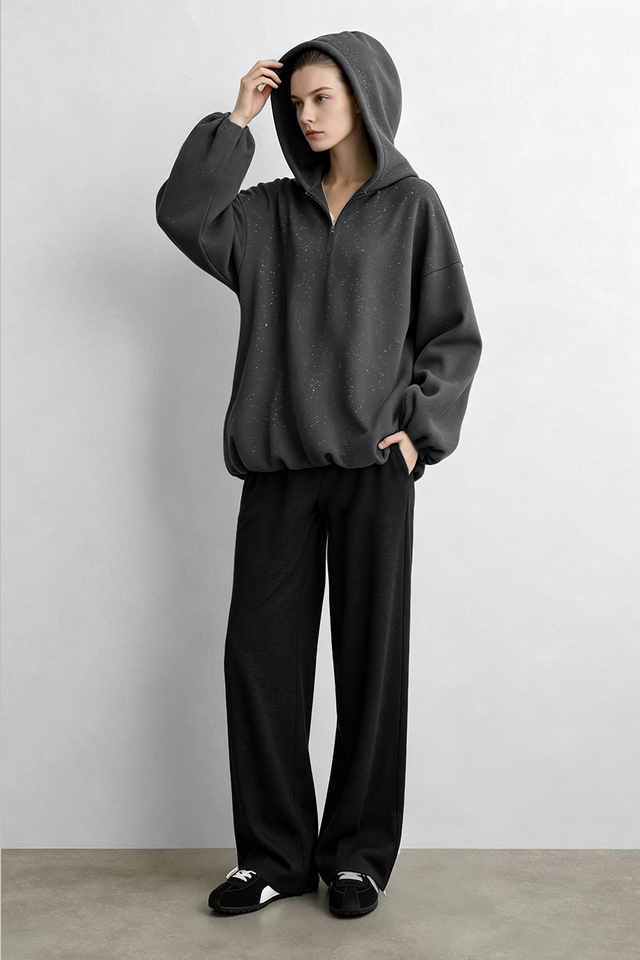 Silver‑Flecked Half‑Zip Hoodie|AMII