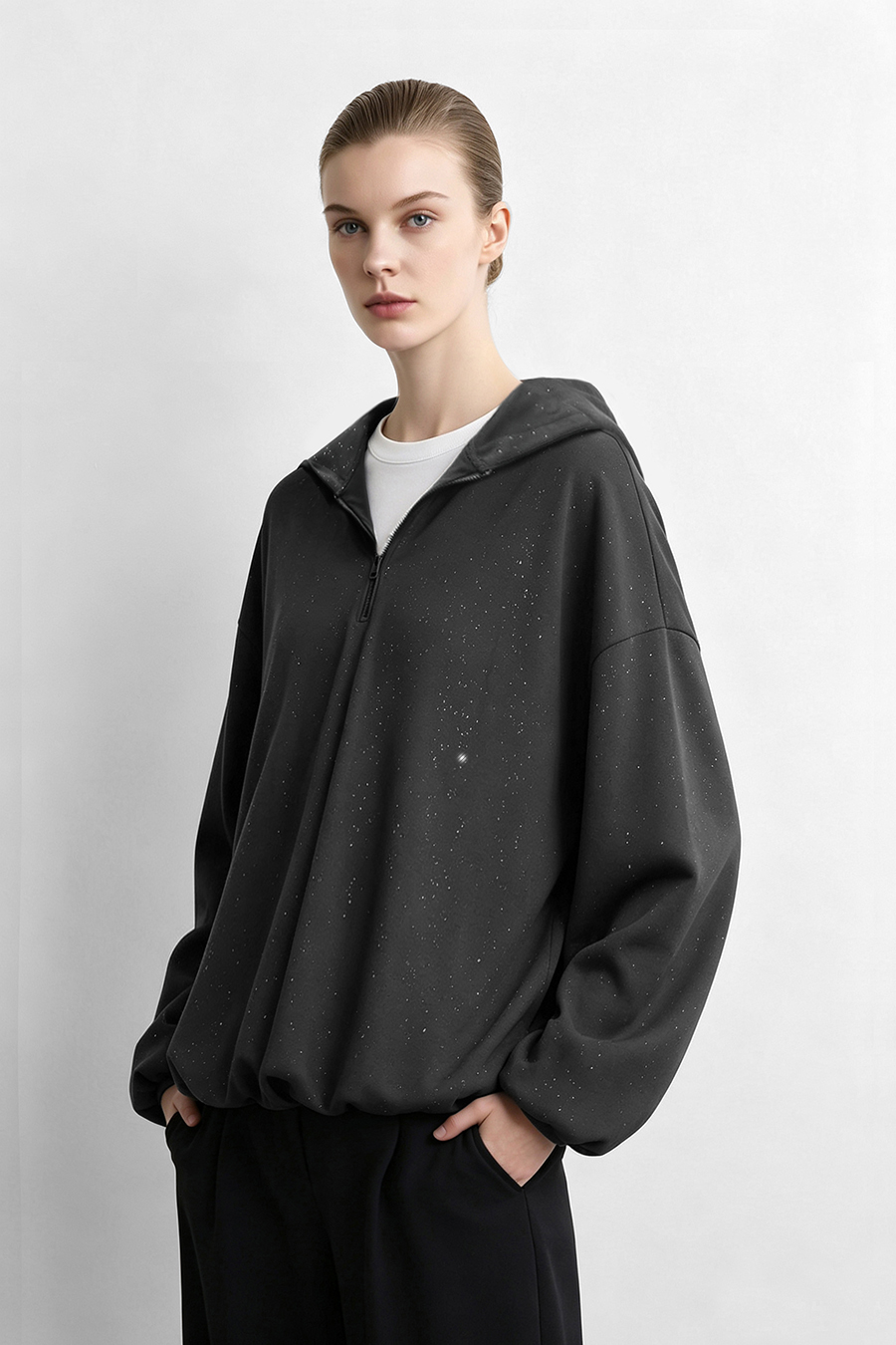Silver‑Flecked Half‑Zip Hoodie|AMII