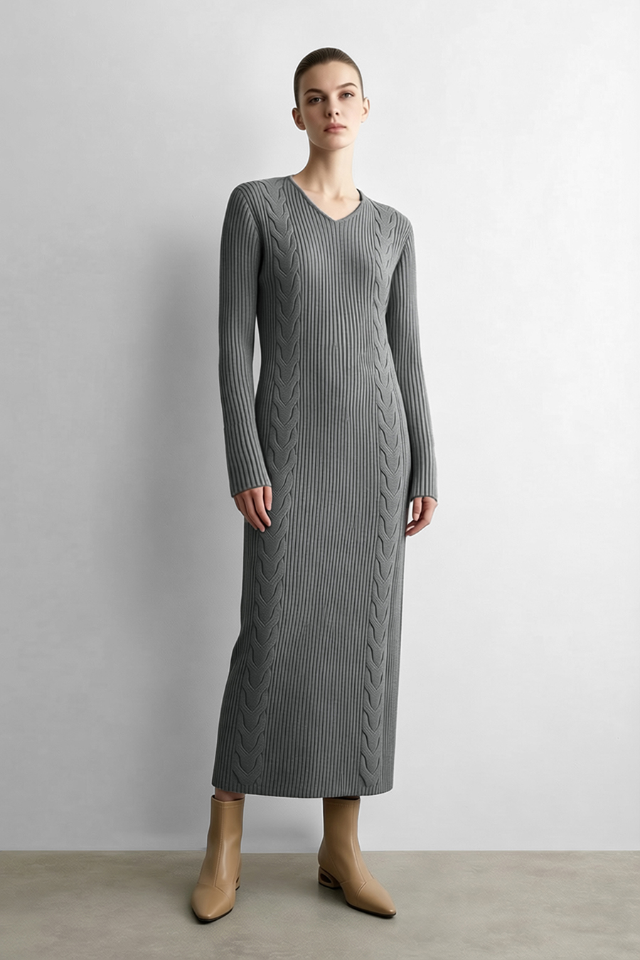 V-Neck Cable Knit Dress | AMII