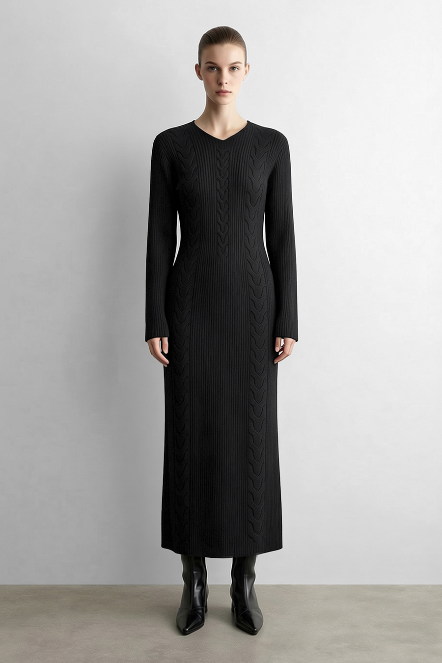 V-Neck Cable Knit Dress | AMII