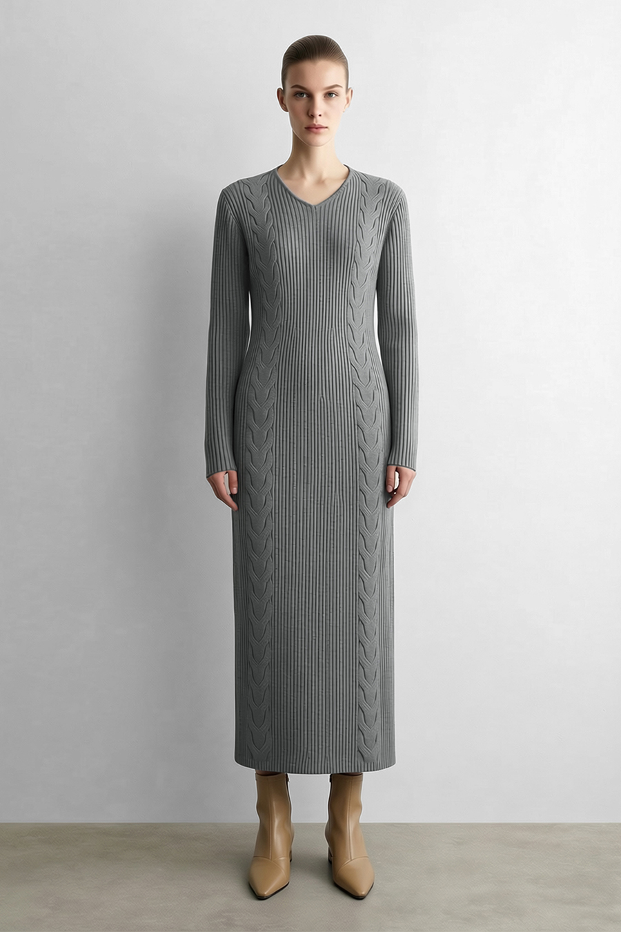 V-Neck Cable Knit Dress | AMII