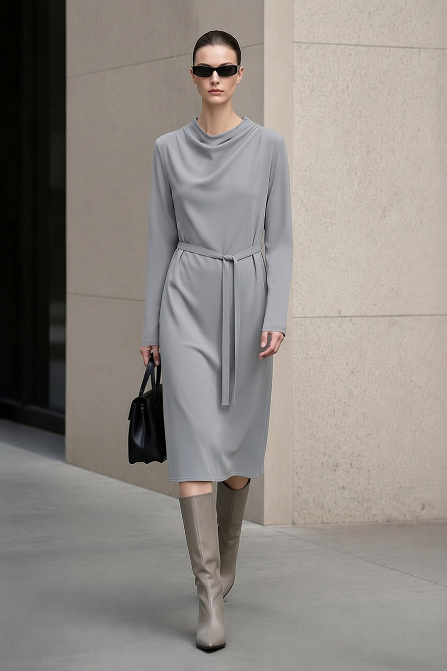 Long Sleeve Belted Dress | AMII