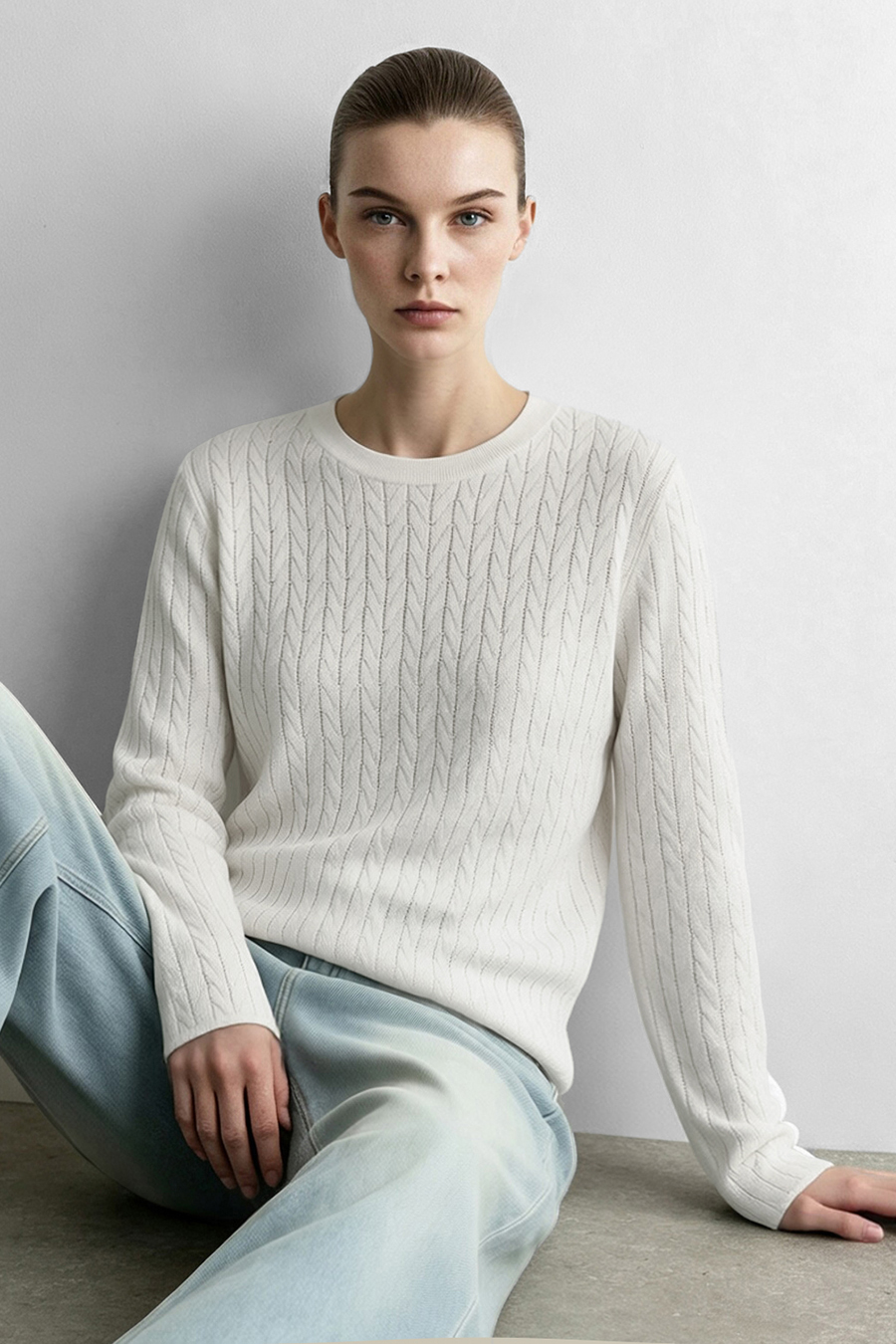 Crew Neck Cable‑Knit Hollow Sweater|AMII