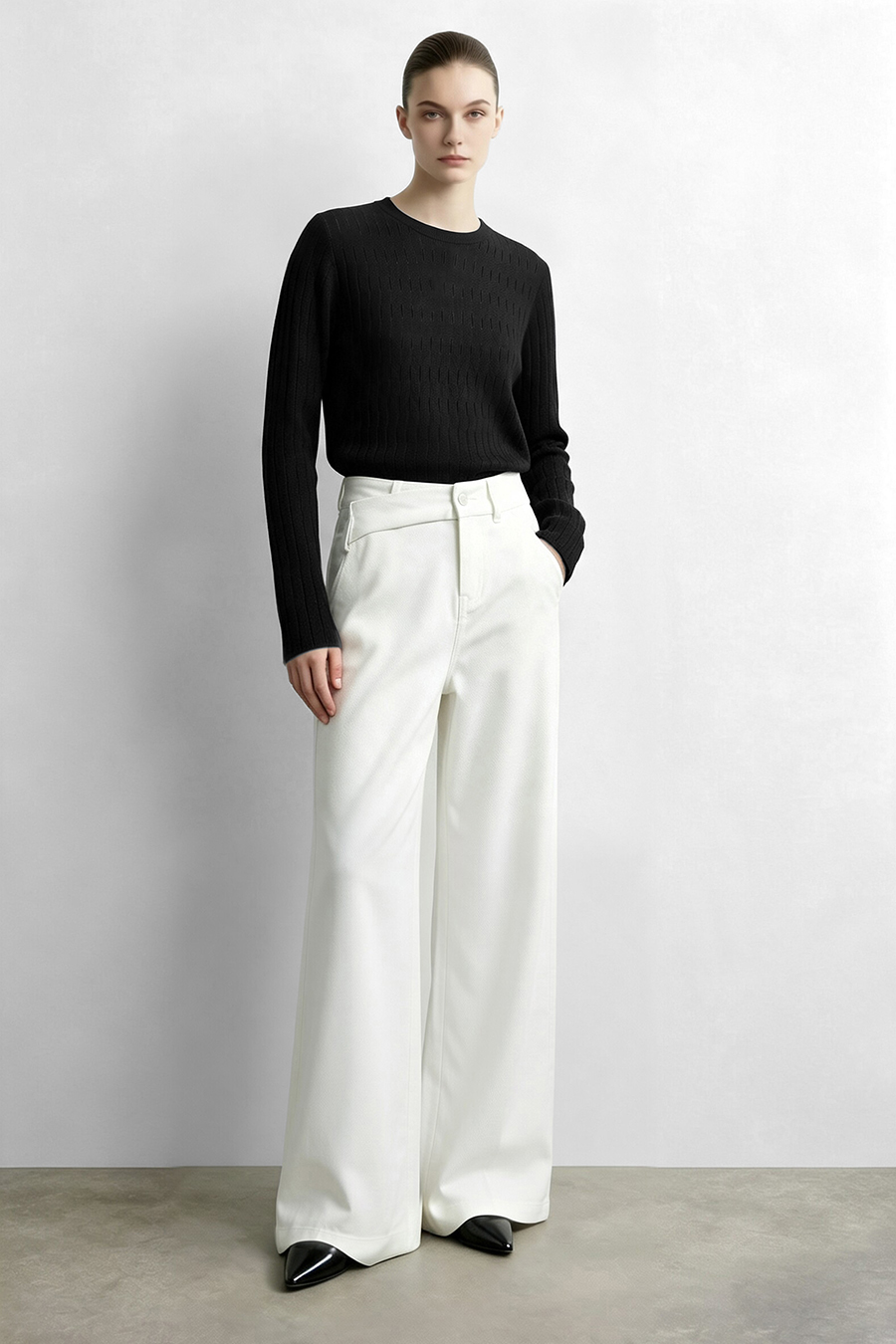 Crew Neck Cable‑Knit Hollow Sweater|AMII