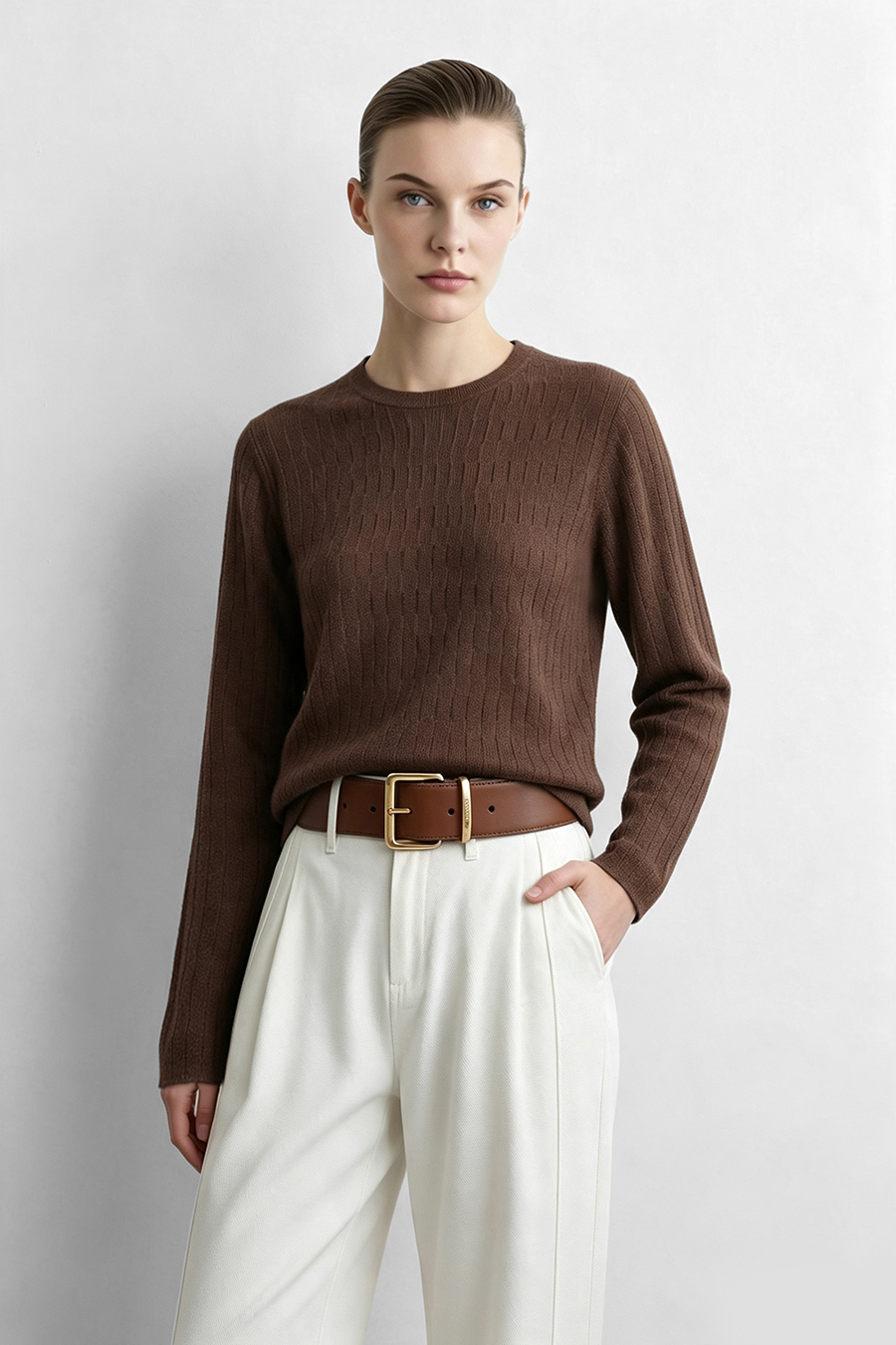 Crew Neck Cable‑Knit Hollow Sweater|AMII