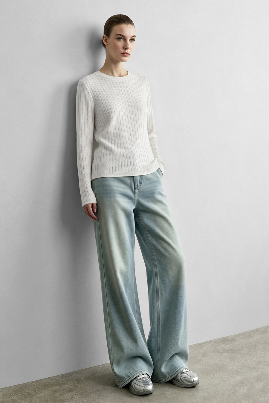 Crew Neck Cable‑Knit Hollow Sweater|AMII