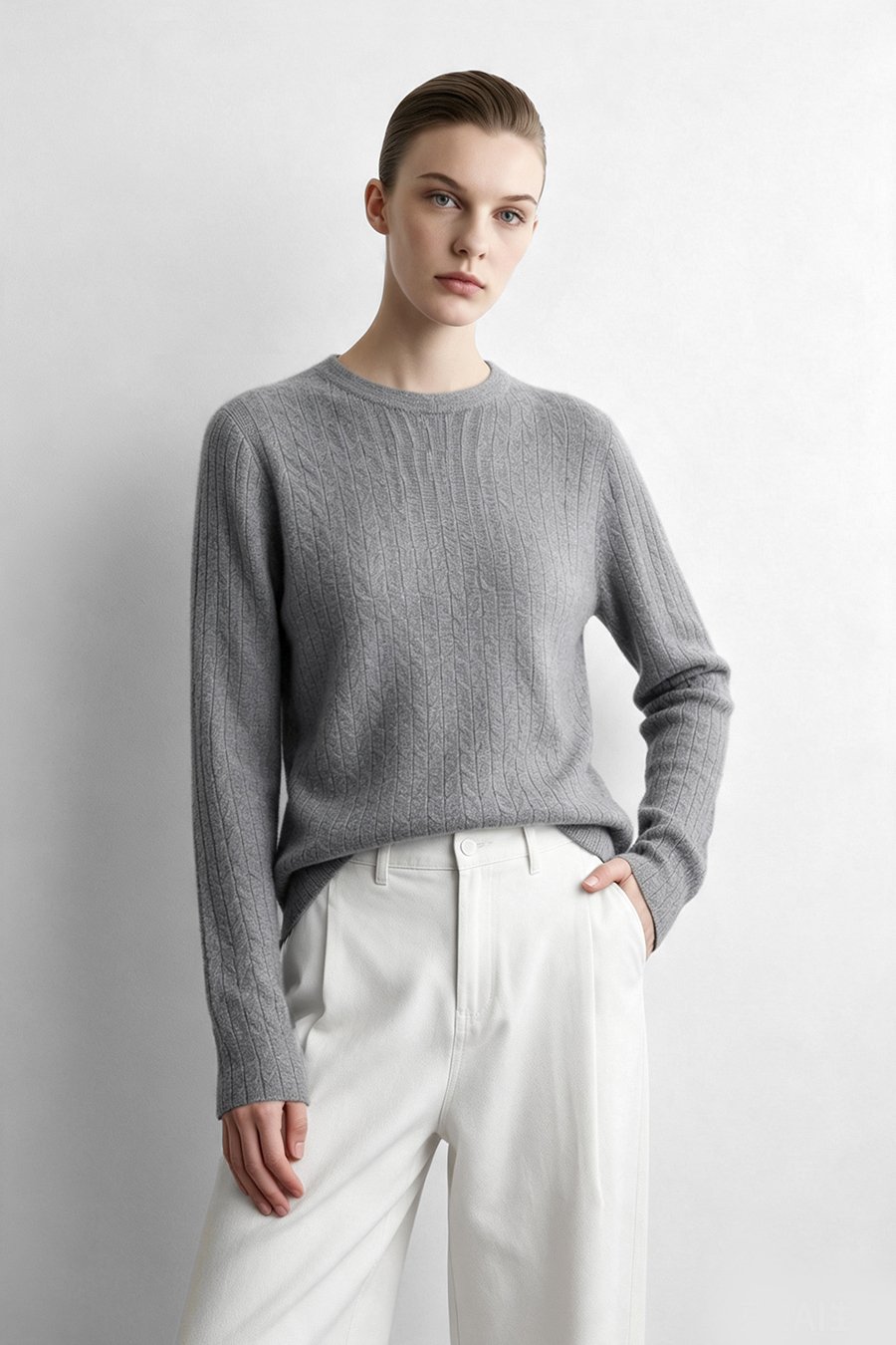 Crew Neck Cable‑Knit Hollow Sweater|AMII