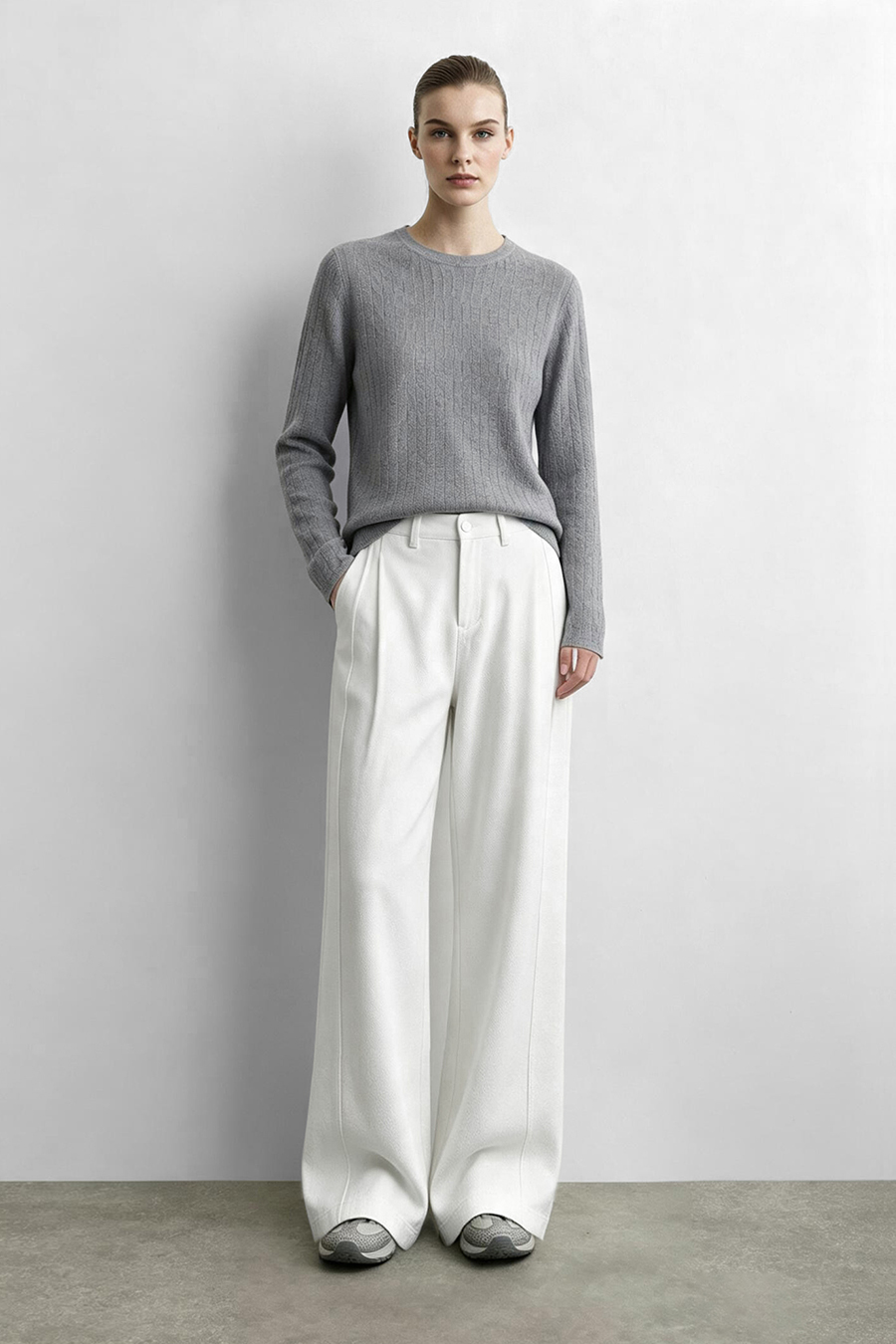 Crew Neck Cable‑Knit Hollow Sweater|AMII