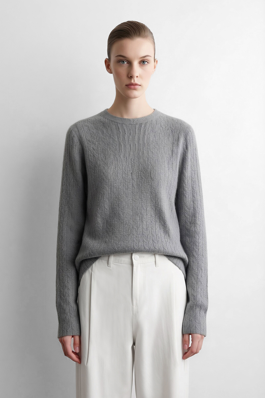 Crew Neck Cable‑Knit Hollow Sweater|AMII
