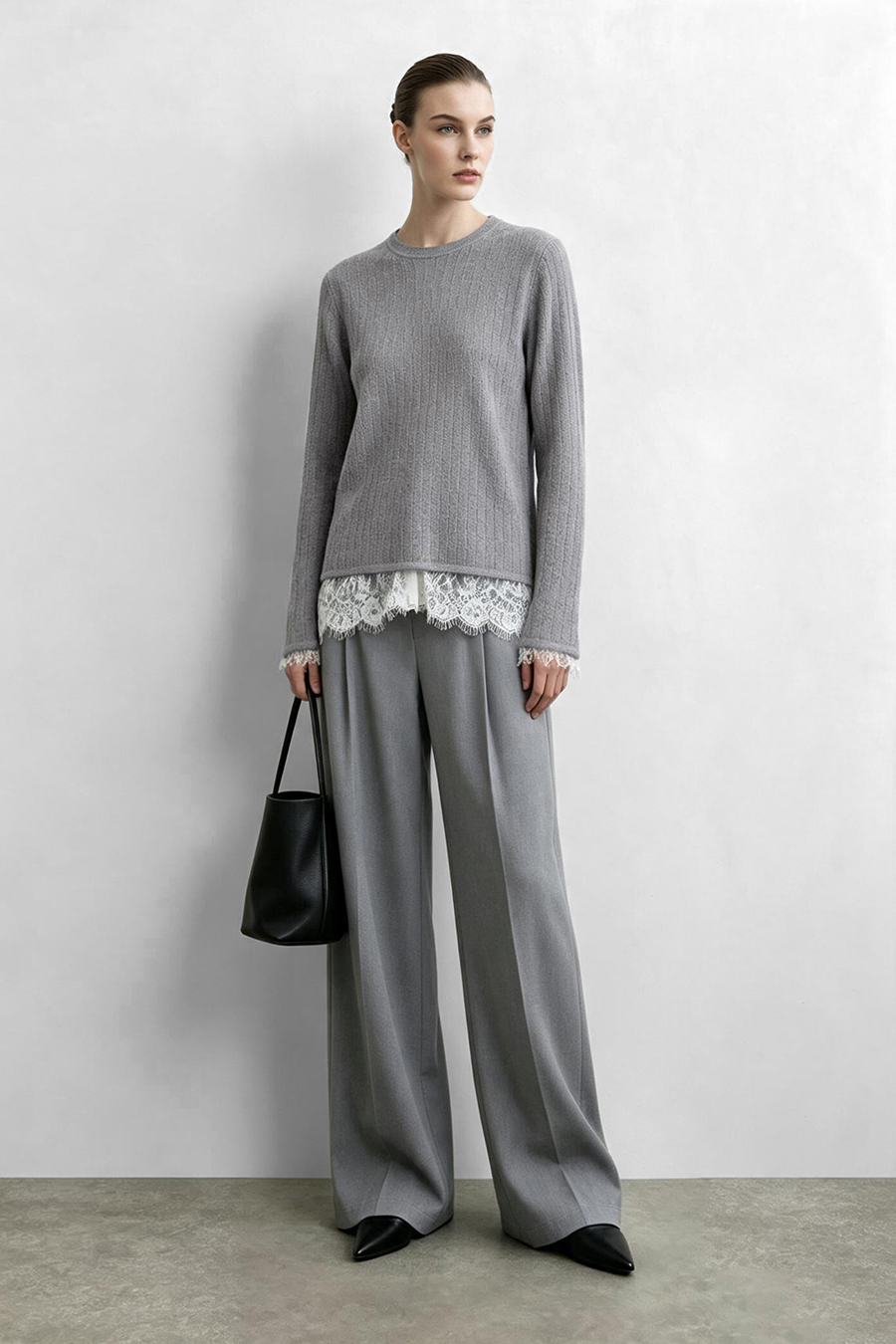 Crew Neck Cable‑Knit Hollow Sweater|AMII