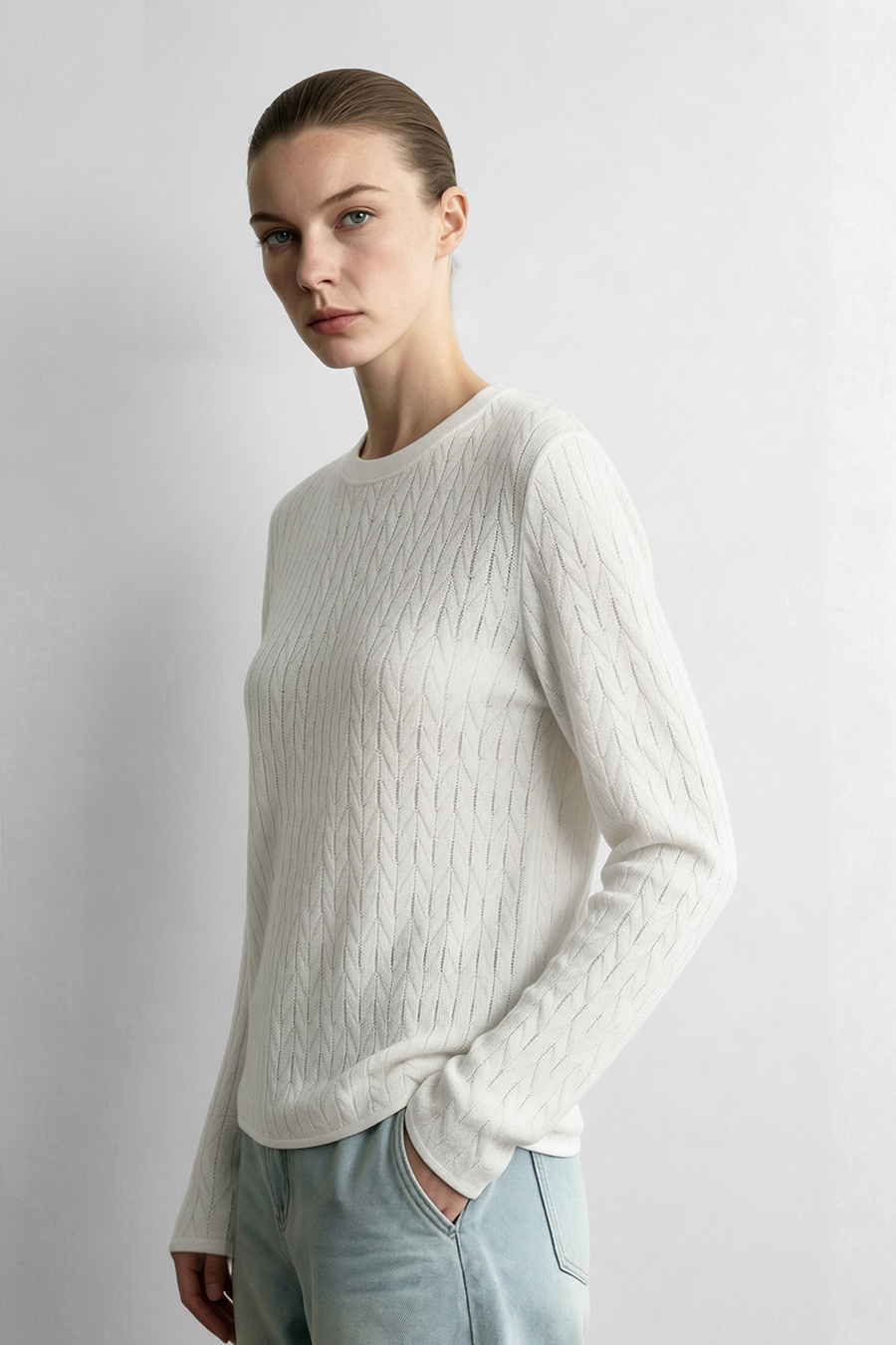 Crew Neck Cable‑Knit Hollow Sweater|AMII