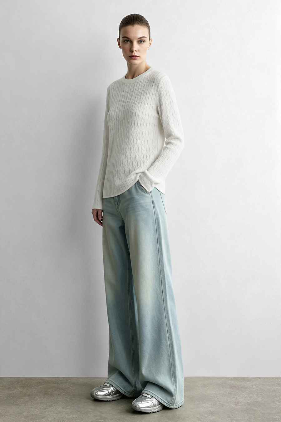 Crew Neck Cable‑Knit Hollow Sweater|AMII
