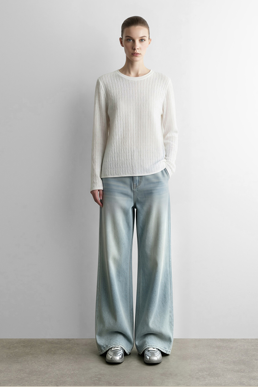 Crew Neck Cable‑Knit Hollow Sweater|AMII