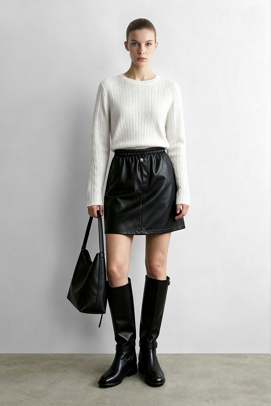 Crew Neck Cable‑Knit Hollow Sweater|AMII