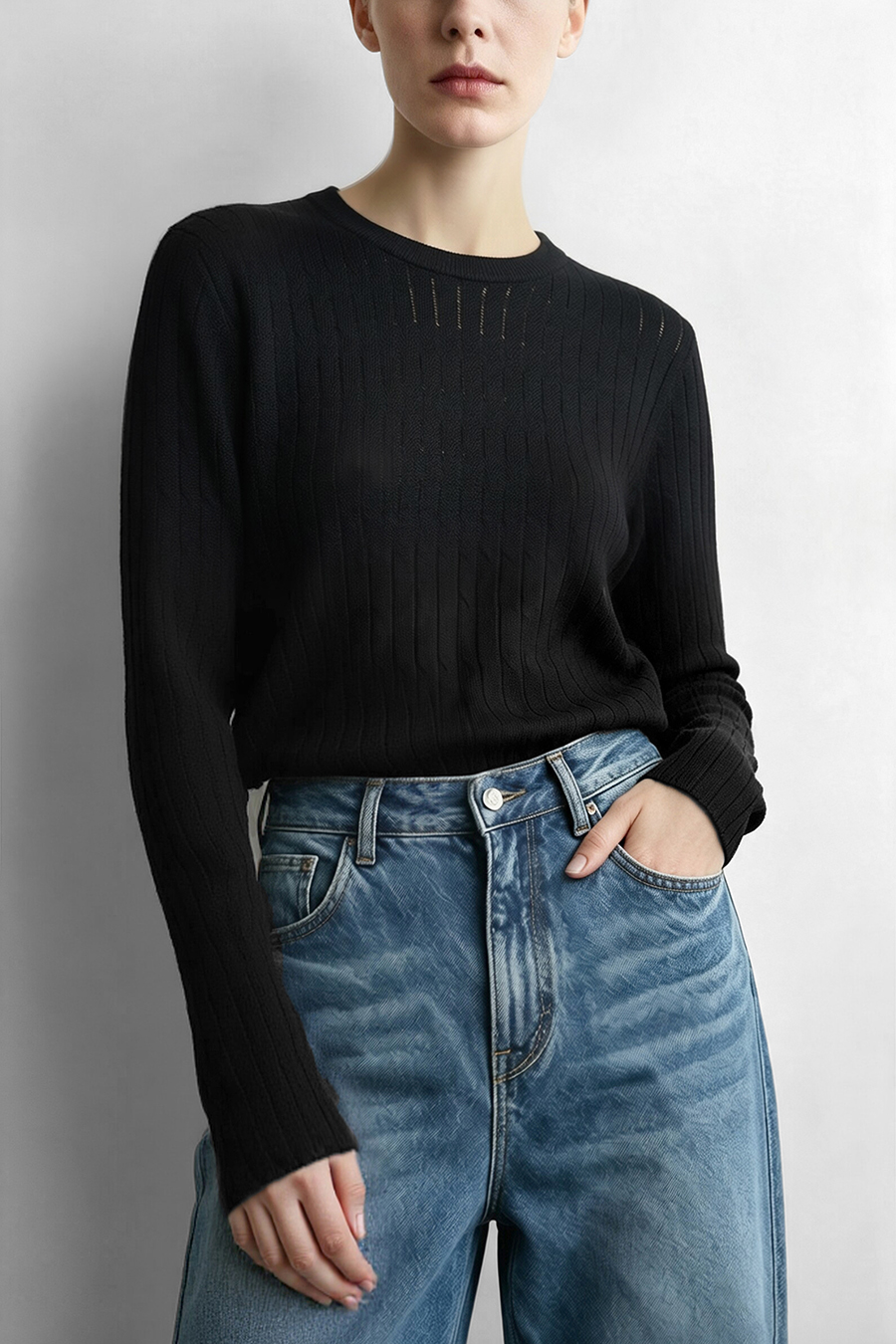 Crew Neck Cable‑Knit Hollow Sweater|AMII
