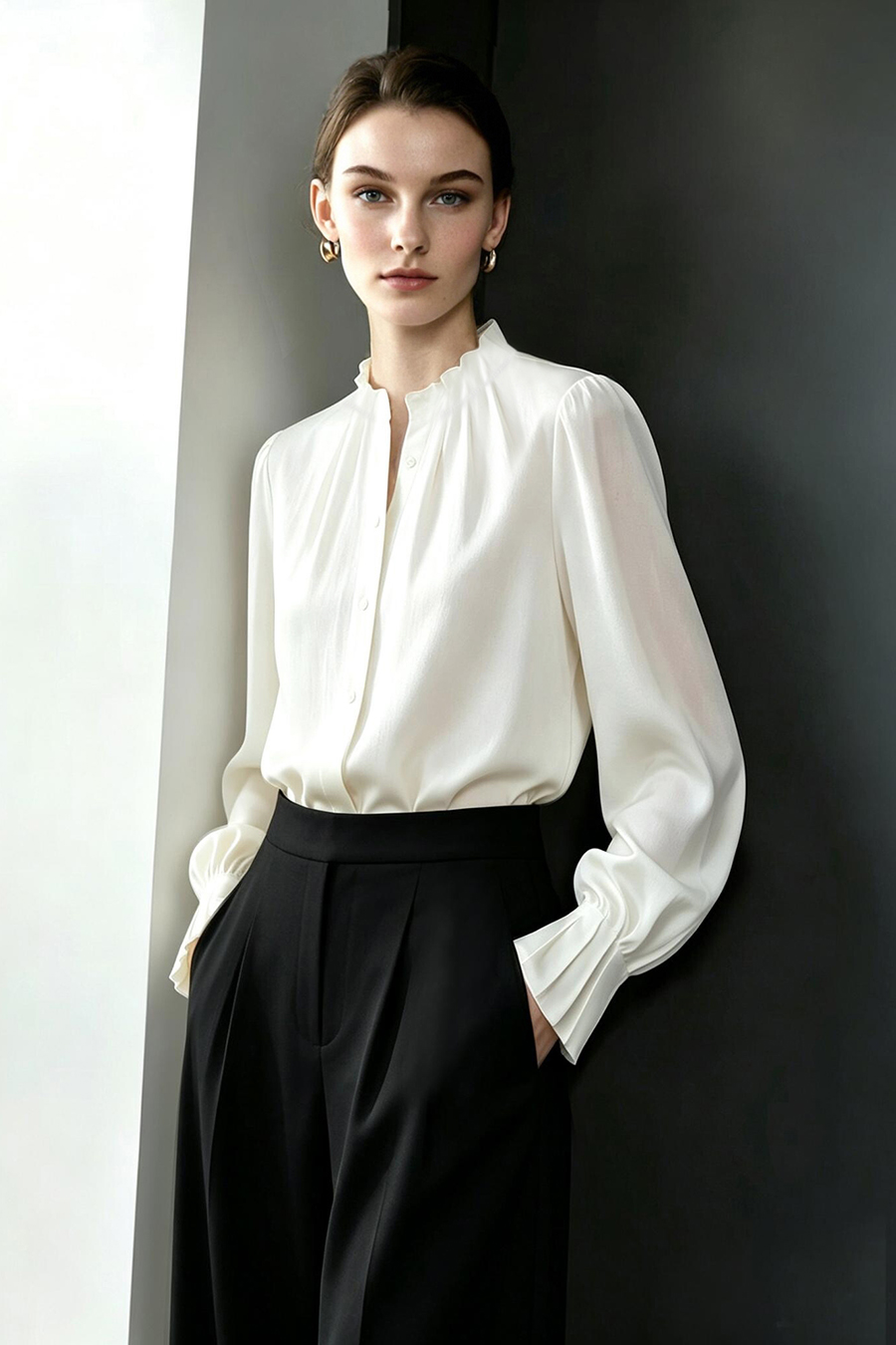 Pleated Stand Collar Lustrous Shirt|AMII