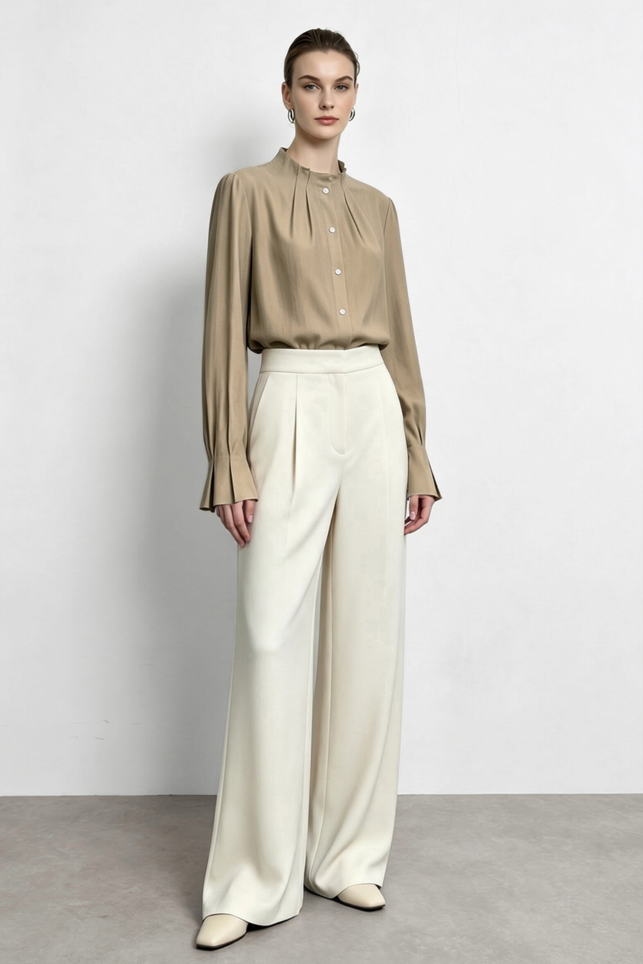 Pleated Stand Collar Lustrous Shirt|AMII
