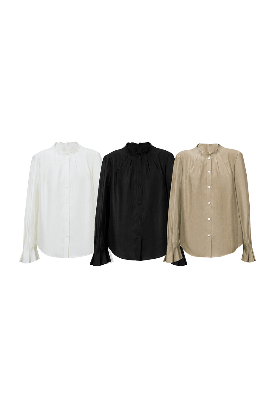 Pleated Stand Collar Lustrous Shirt|AMII