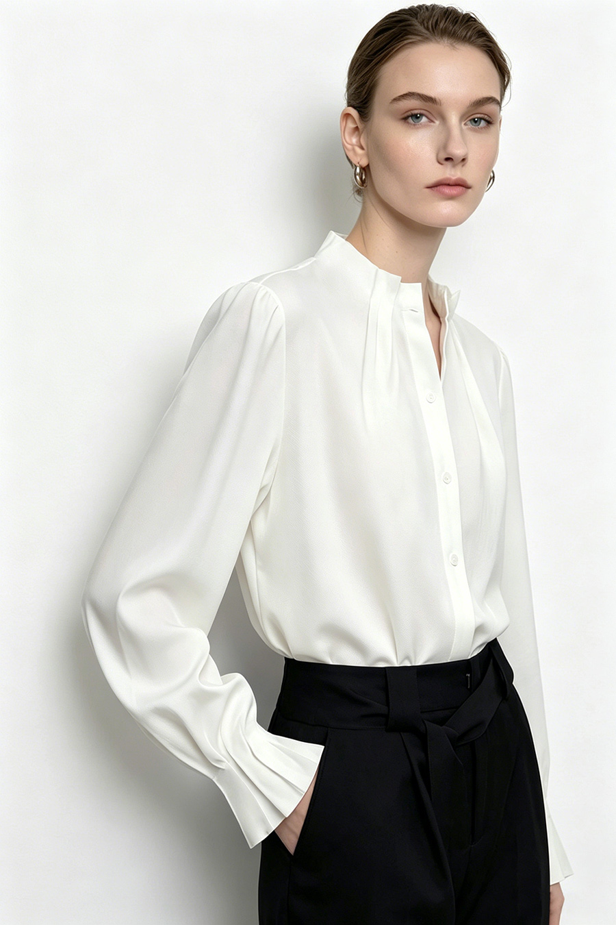 Pleated Stand Collar Lustrous Shirt|AMII