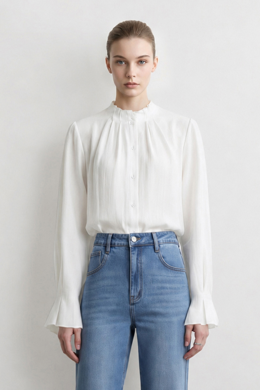 Pleated Stand Collar Lustrous Shirt|AMII