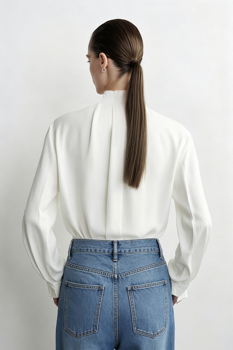 Pleated Stand Collar Lustrous Shirt|AMII
