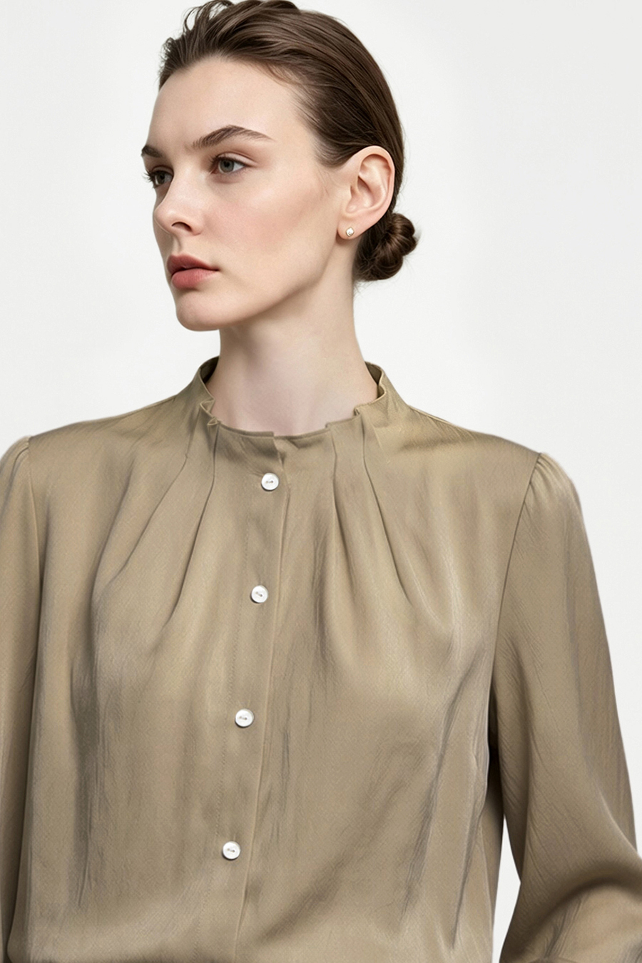 Pleated Stand Collar Lustrous Shirt|AMII