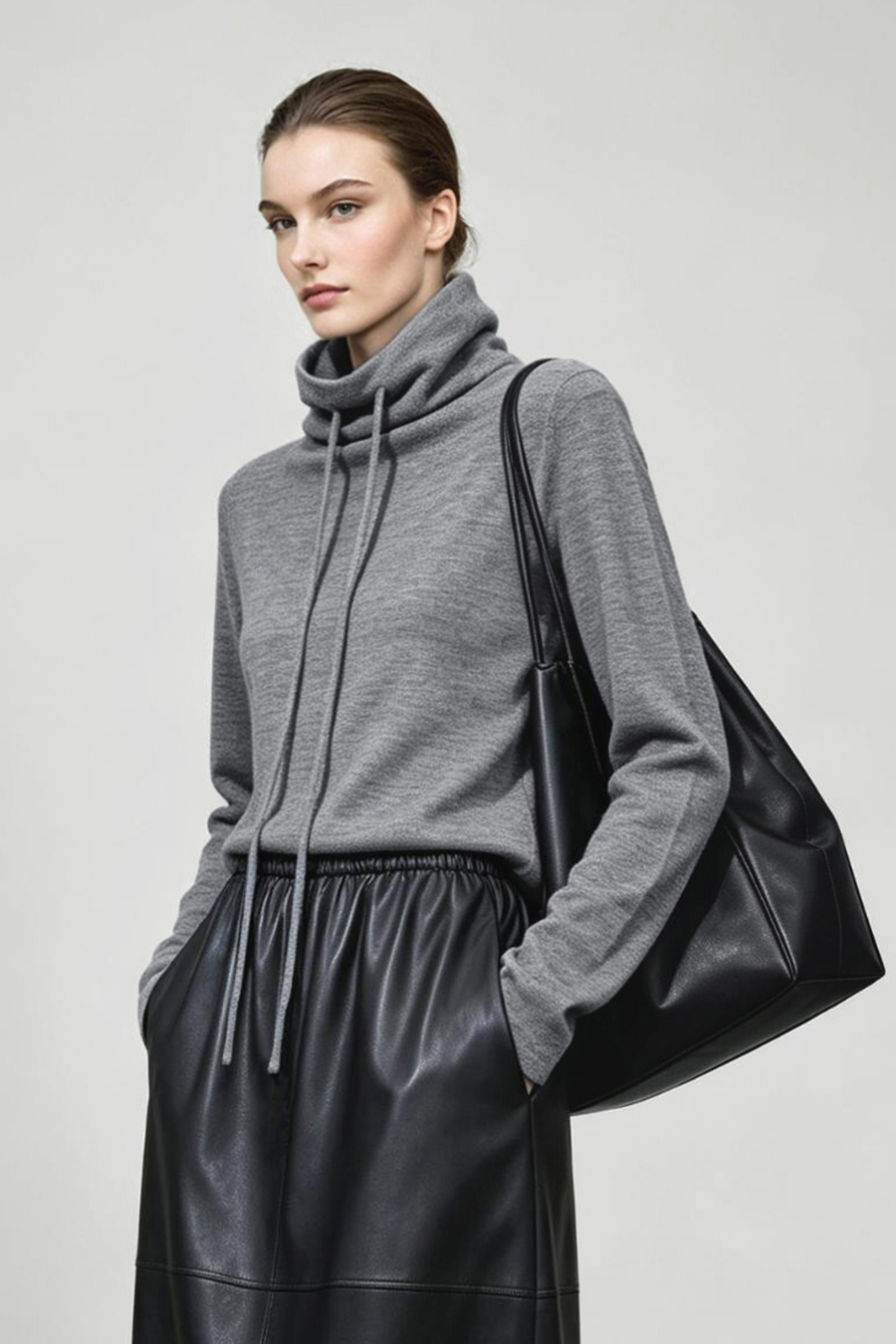 Drawstring Cowl Neck Sweater|AMII