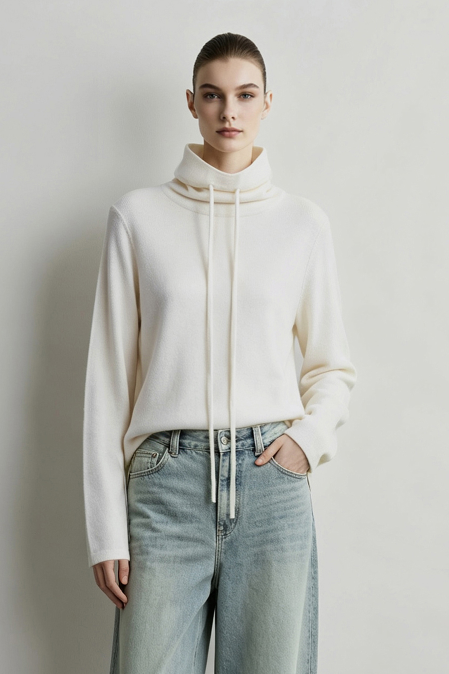 Drawstring Cowl Neck Sweater|AMII