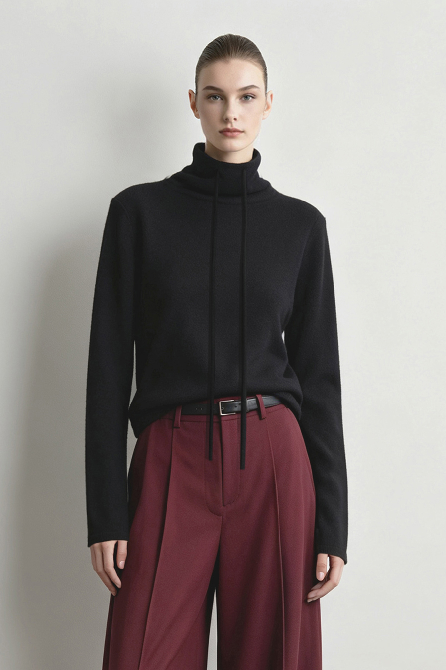 Drawstring Cowl Neck Sweater|AMII