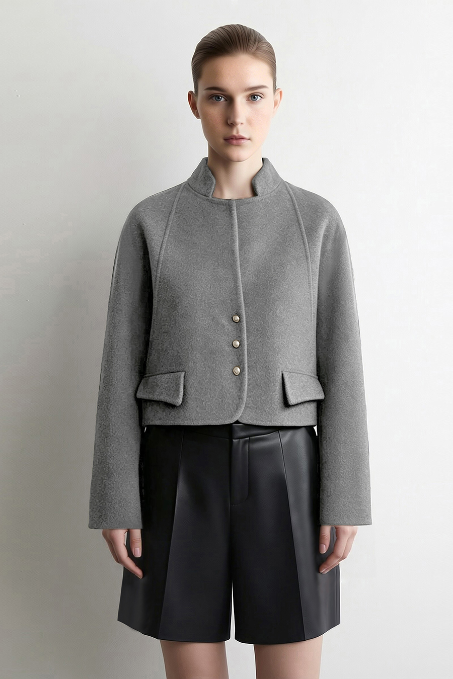 Short Stand Collar Double-Face Wool Jacket|AMII
