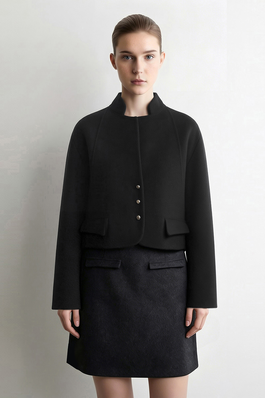 Short Stand Collar Double-Face Wool Jacket|AMII