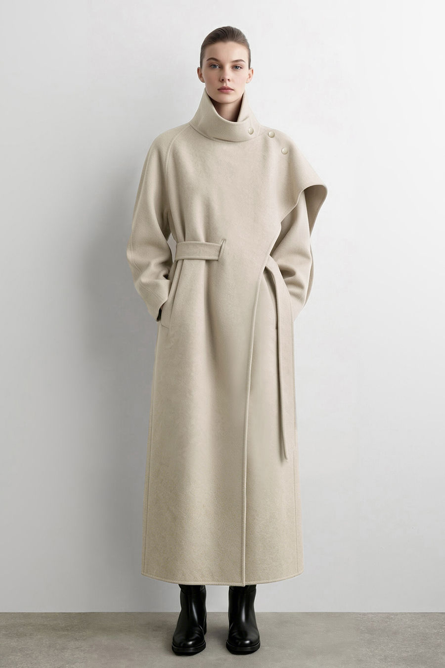 Belted Double-Faced Wool Coat with Stand Collar|AMII