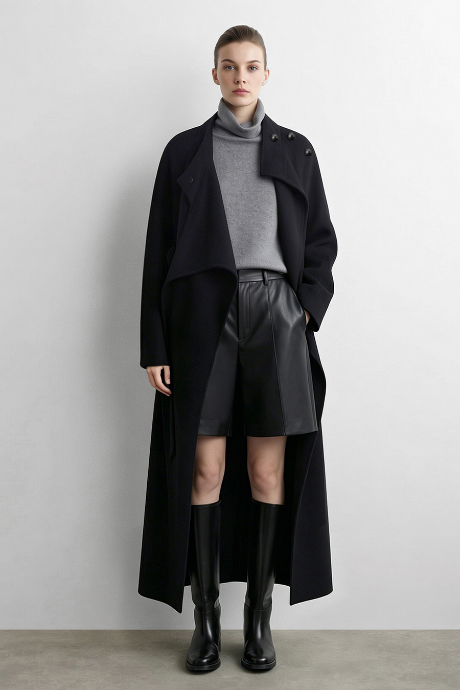 Belted Double-Faced Wool Coat with Stand Collar|AMII