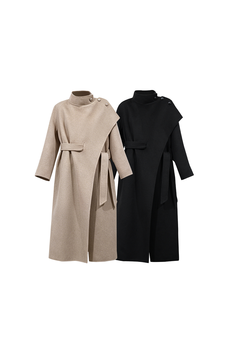Belted Double-Faced Wool Coat with Stand Collar|AMII