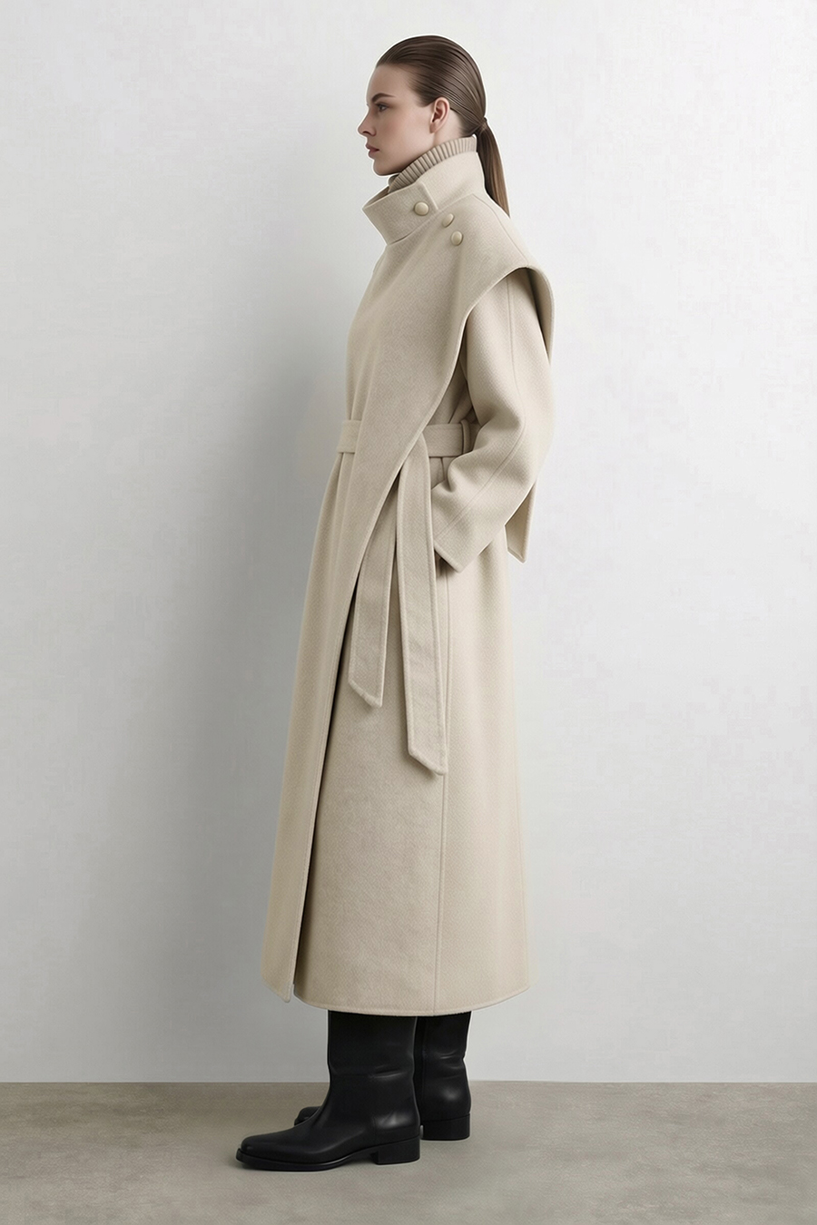 Belted Double-Faced Wool Coat with Stand Collar|AMII